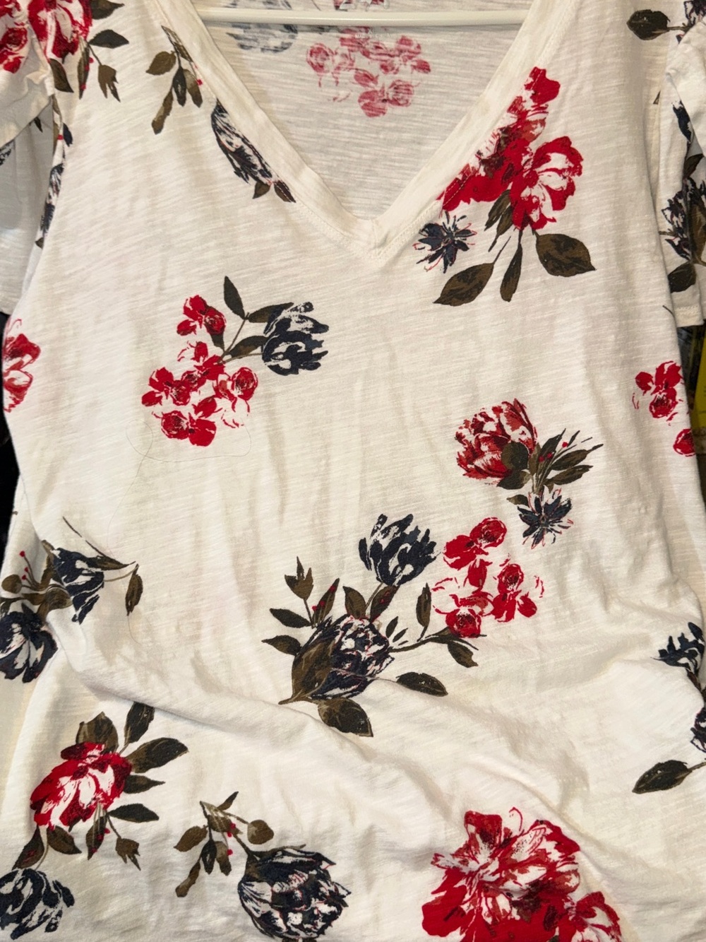 Maurices Cream Short Sleeve Tee with Red & Navy Floral Print